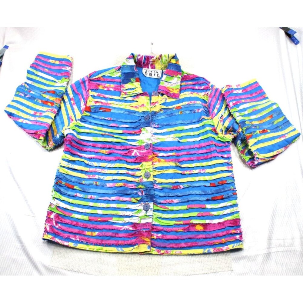 VTG Keren Hart Women's Blazer Jacket Strip Quilted Patchwork Floral Button-Up Ja